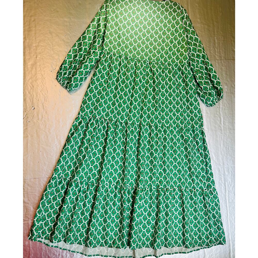 2X Green Geometric Maxi Dress Bubble Sleeve Tiered Boho Plus Size - Picture 11 of 12